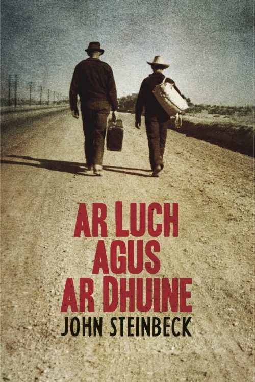 Book cover of Ar Luch agus ar Dhuine, two men on a road walking towards the horizon.