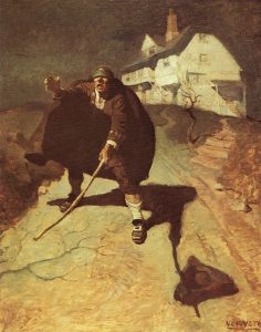 Foghlaí mara dall ar an mbóthar, íomhá ó Oileán an Órchiste, a blind pirate on the road, an image from Treasure Island