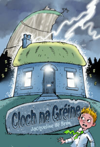 Book cover, Cloch na Gréine, ogham stone and house