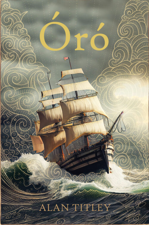 Book cover, clúdach leabhair, sailing ship on high seas, long seoil ar fharraige cháite