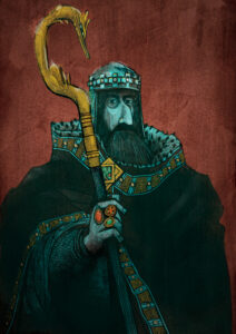 Portráid, cloigeann is guaillí, de rí ón meánaois | Head and torso portrait of medieval king