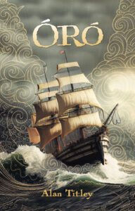 Clúdach leabhair, book cover: long faoi lán seoil, ship under sail.